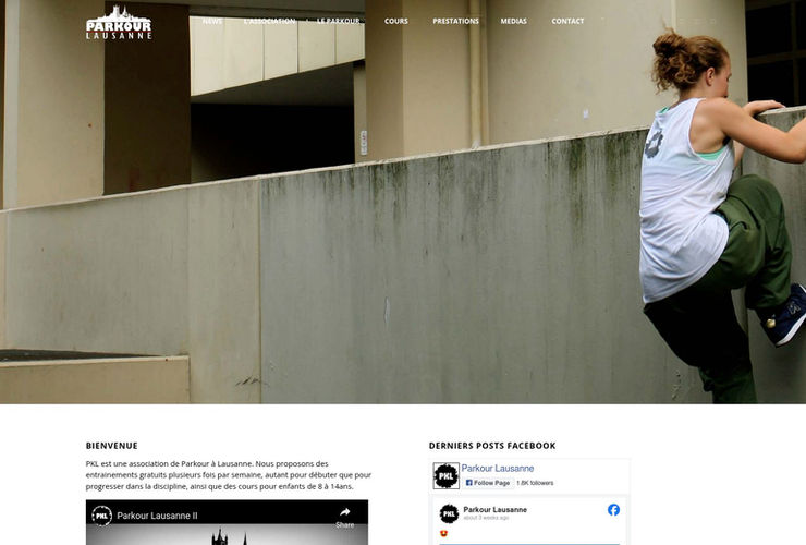 Screenshot of the Parkour Lausanne homepage showing their navigation menu and intro text