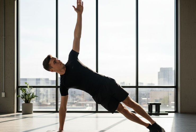 Un jeune athlète en position de planche latérale, démontrant un excellent gainage et alignement du corps.