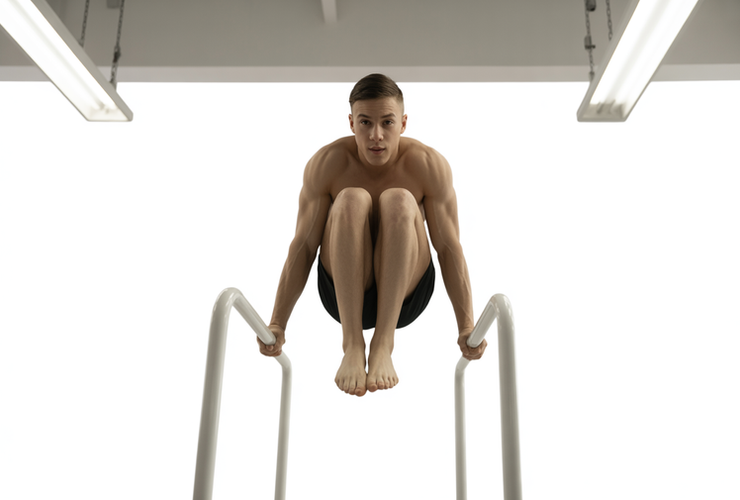 Un athlète en position de L-sit entre deux barres parallèles, un parfait exemple de force abdominale et de gainage.