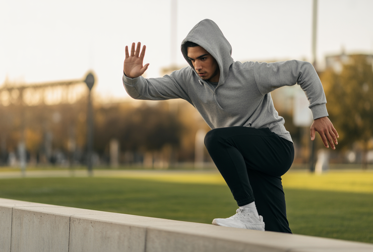 Un traceur en train d'exécuter un 'lazy vault' sur un muret bas dans un parc urbain, montrant la fluidité du mouvement.