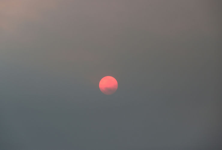 Vue aérienne de plusieurs montgolfières colorées s'élevant doucement au-dessus d'un paysage de campagne brumeux au lever du soleil.