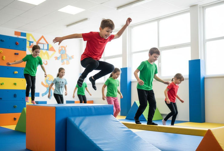 Un groupe d'enfants heureux et actifs participant à un cours de parkour dans un environnement intérieur sécurisé et coloré.