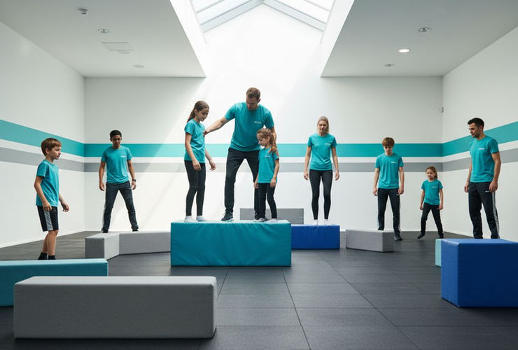 Un groupe de débutants de différents âges apprenant les bases du parkour sur des modules en mousse dans une salle intérieure.