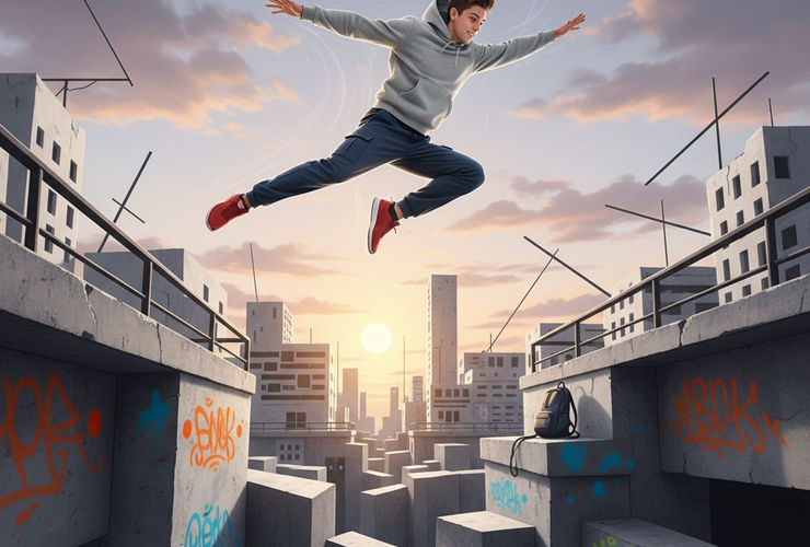 Un adolescent en plein mouvement, effectuant un saut de parkour dans un environnement urbain stylisé, symbolisant la liberté et l'énergie de la discipline.