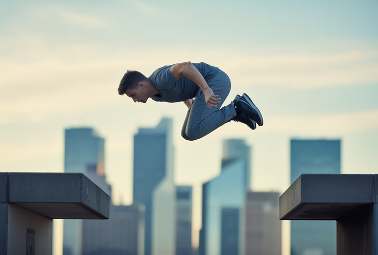 Un athlète de Parkour en plein saut, illustrant l'énergie et la concentration requises par la discipline.