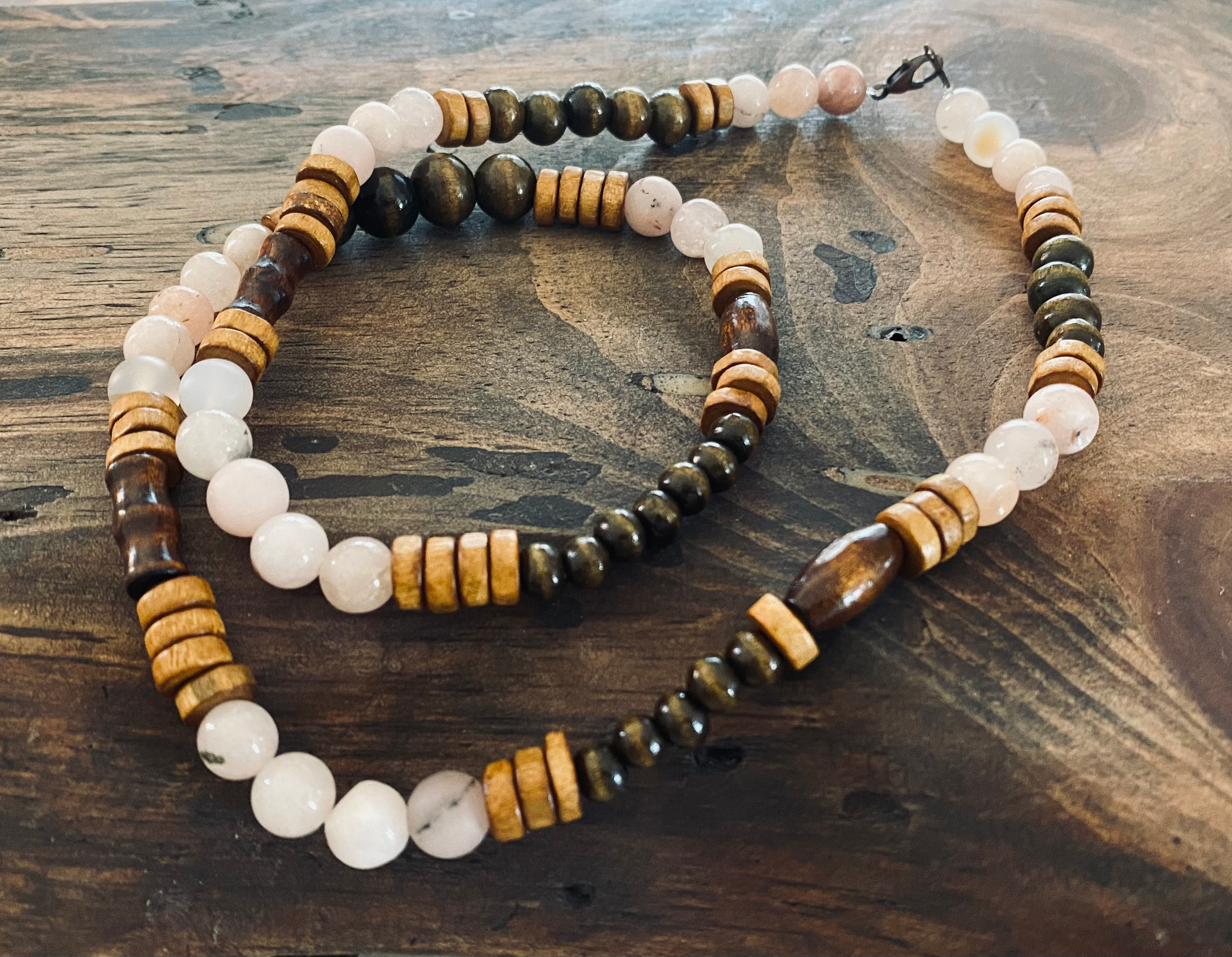 Pink gem and wood necklace