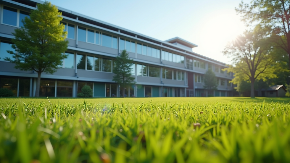 Eye-level view of a modern school building with green lawns