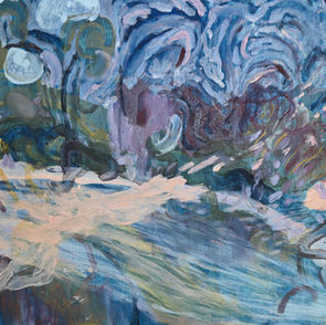 Painting of a blue abstract landscape with curving lines in the sky and straight broken lines in soft pink across the middle on a diagonal.