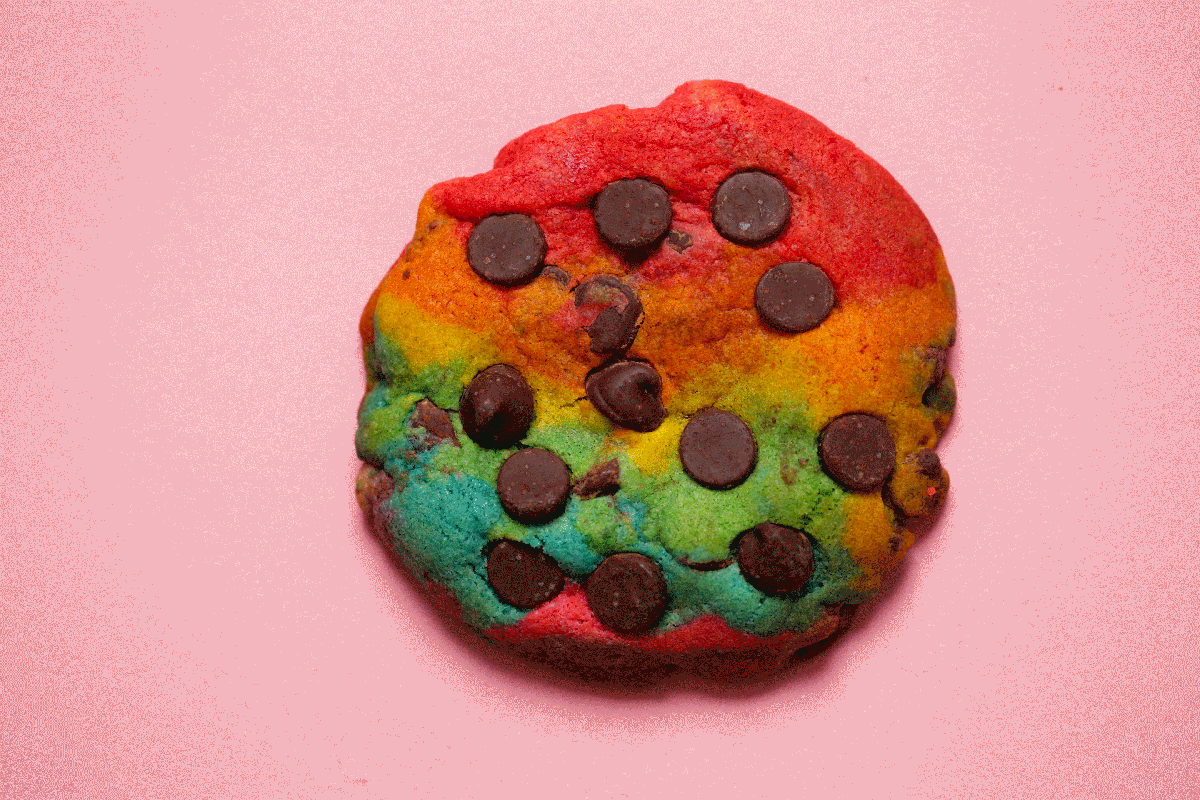 Rainbow cookie being eaten