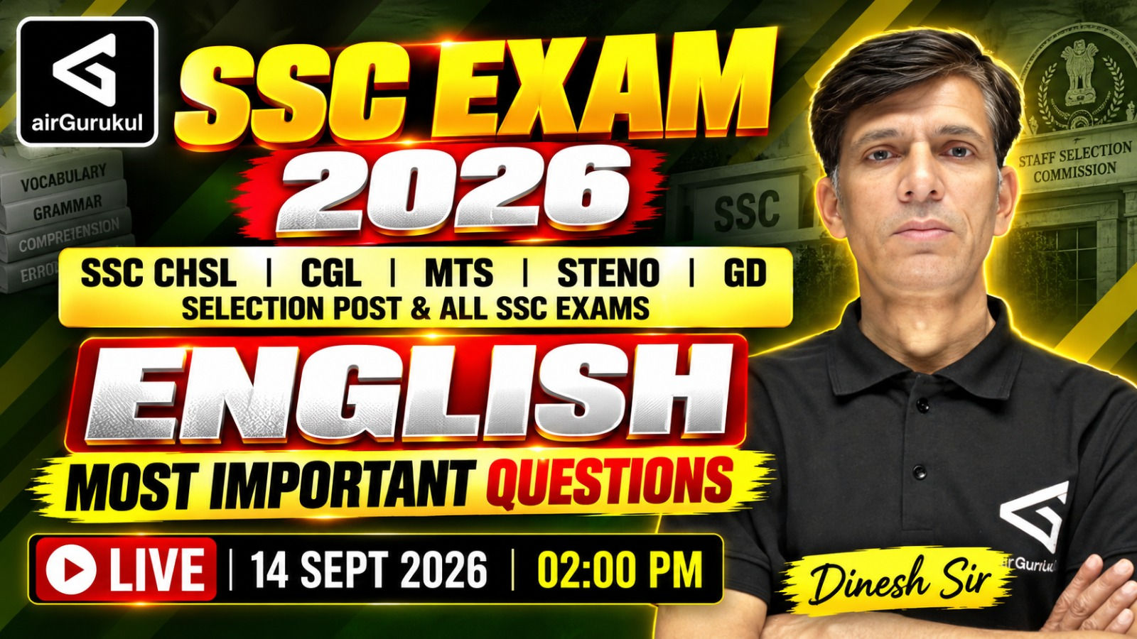 SSC EXAM 2026 ENGLISH MOST IMPORTANT QUESTIONS | CHSL | CGL | MTS | STENO | GD | Dinesh Sir – airGurukul