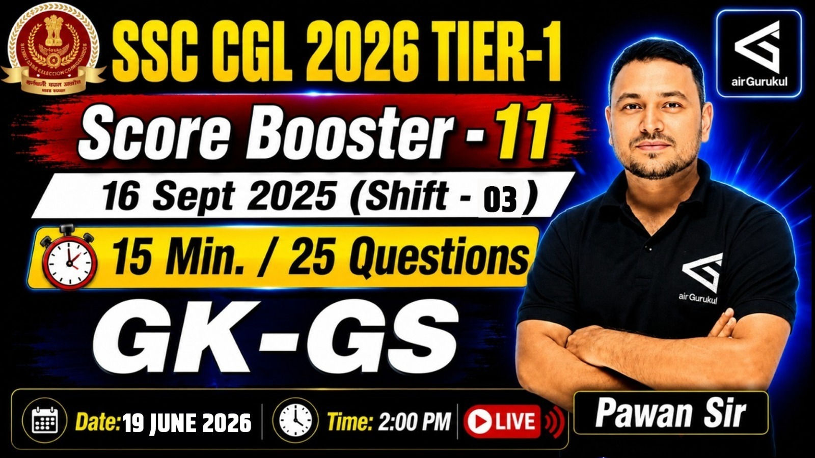 SSC CGL 2026 GK-GS | 16 Sept 2025 Shift - 3 | PYQ Solutions | General Awareness Practice – airGurukul