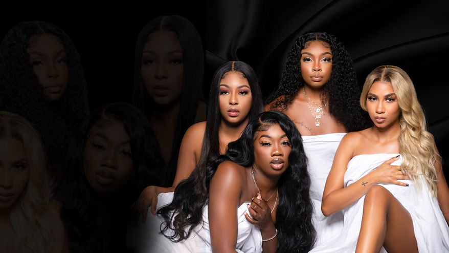 Four Black women wearing K'Lashy Collection handmade luxury wigs, showcasing premium hair styles with the tagline "Luxury That Looks Like Us."