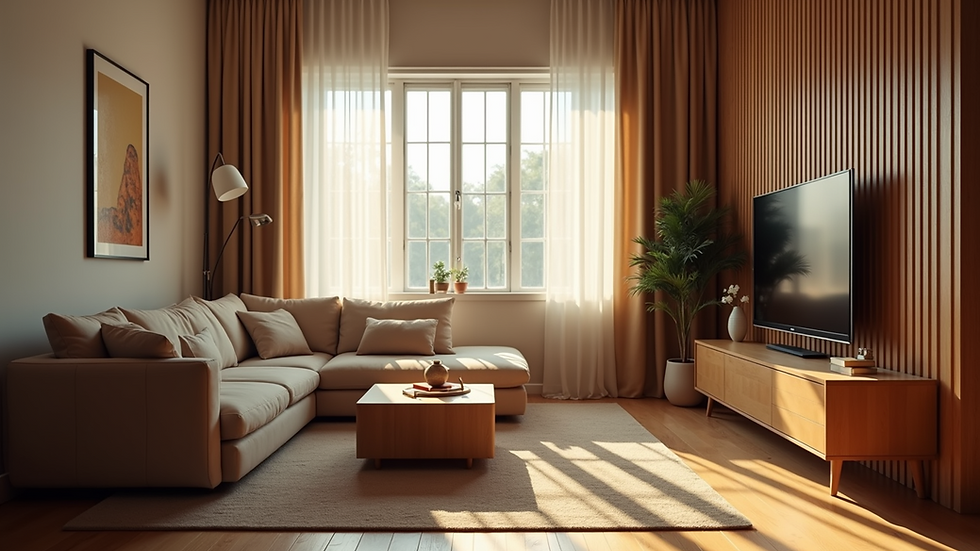 Eye-level view of a cozy living room with modern furniture and warm lighting