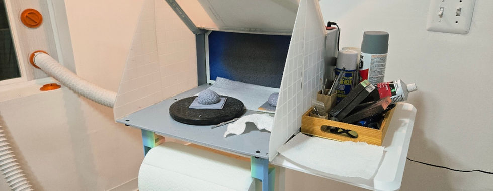 This is my upgraded spray booth. The desk has wheels, so it's easier to move around.