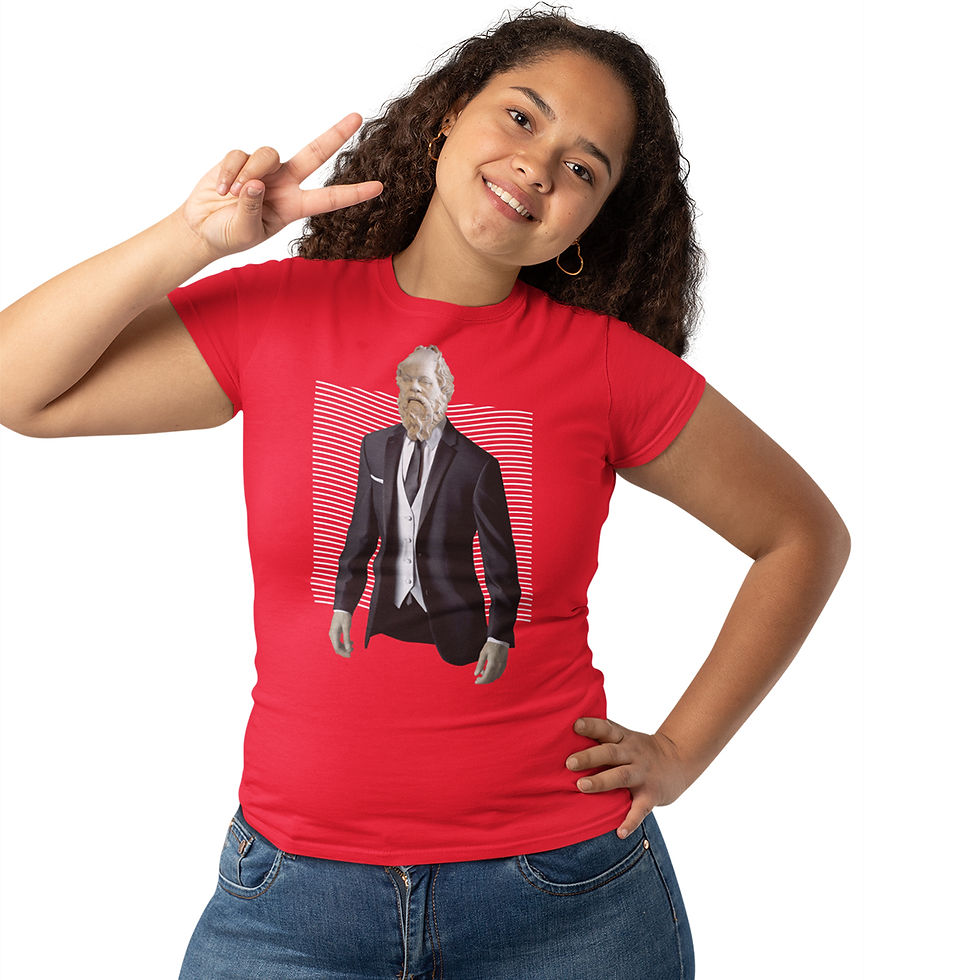 Miniatura: mulher fazendo V com a mão, vestindo camiseta estátua platão filosofia feminina vermelha. Estampa, platão de terno e gravata