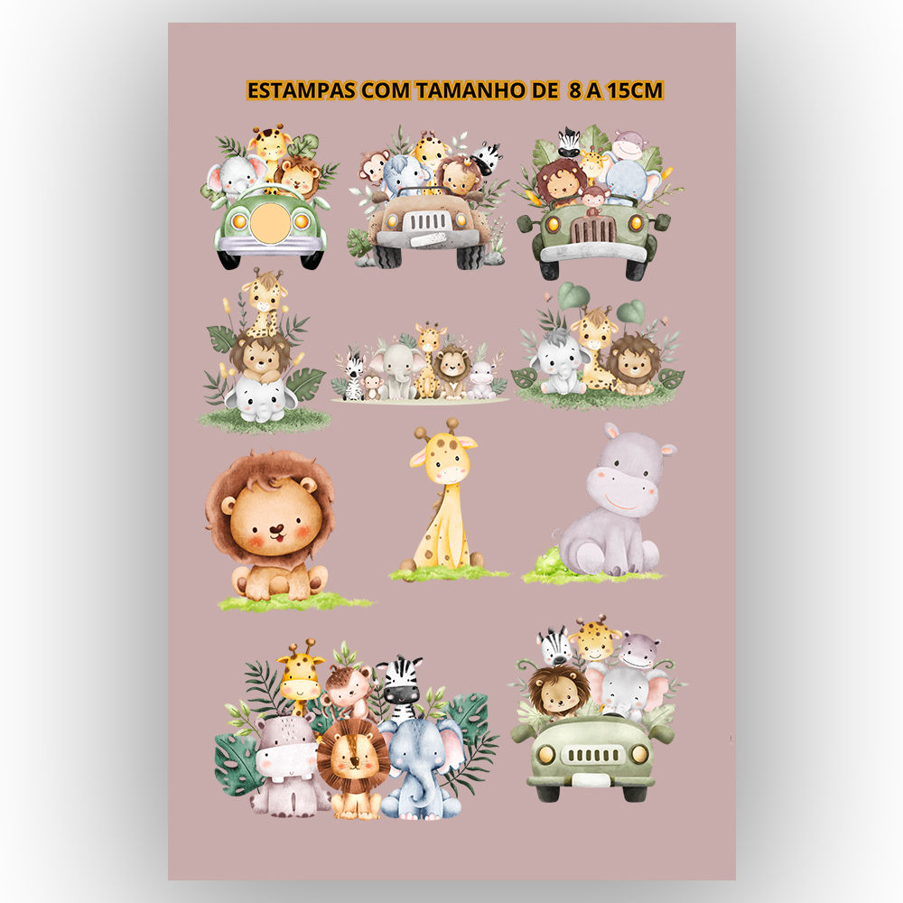 Folha A3 Impressa DTF Tema Safari 28x40cm Pronta