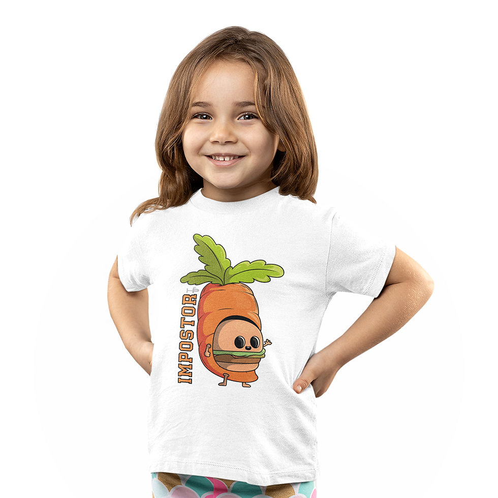Miniatura: menina mão no quadril, vestindo camiseta impostor infantil branca, na estampa um hamburguer fantasiado de cenoura
