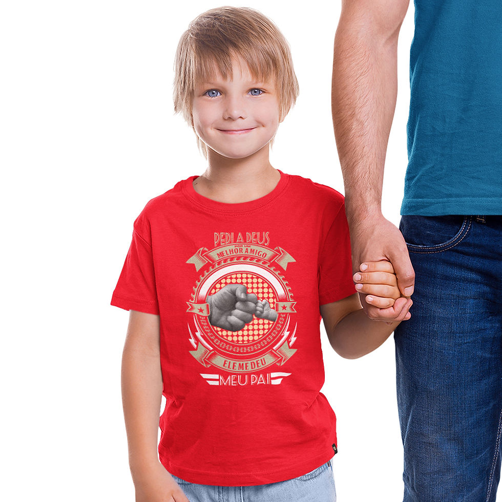 Miniatura: menino de mãos dadas com o pai, vestindo camiseta dia dos pais infantil vermelha. estampa linda pai e filho