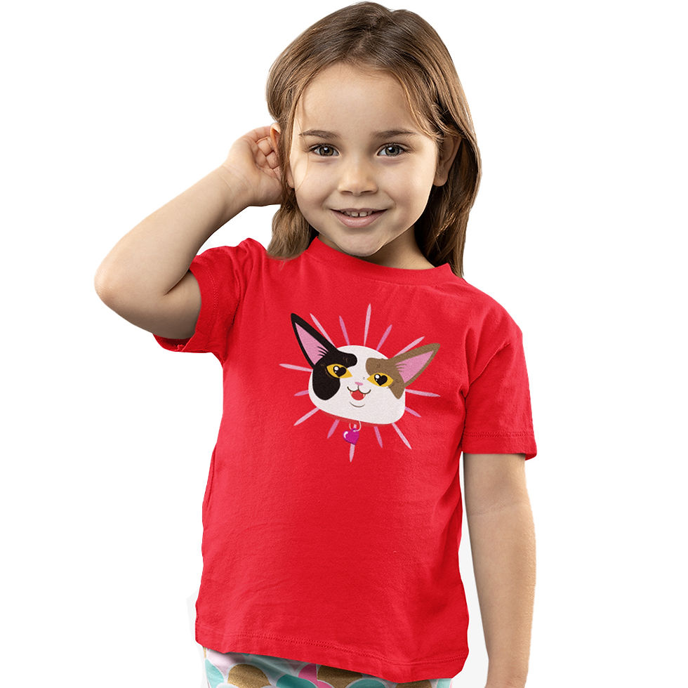 Miniatura: menina com mão na orelha, vestindo camiseta preta gata feliz infantil vermelha, na estampa o rosto de uma gata feliz