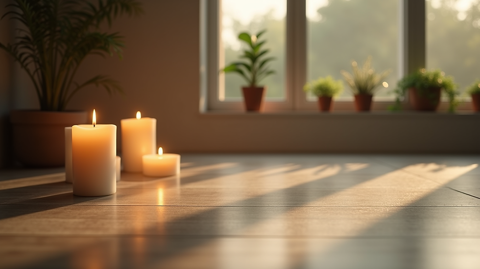 Eye-level view of a serene meditation space with candles and plants