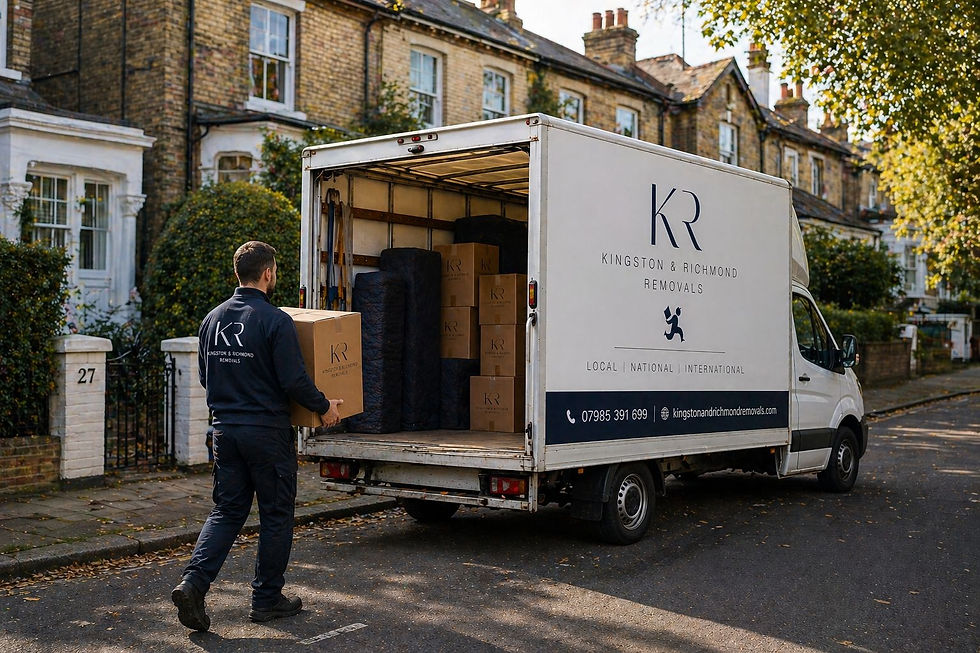 A professional mover from Kingston & Richmond Removals carrying a branded box toward an open transit van on a quiet residential street, showcasing our local expertise as a Raynes Park moving company.
