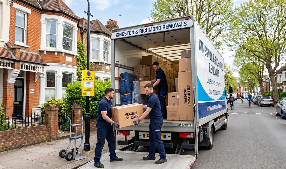 Movers offloading a Kingston and Richmond Removals Van in a building located in Battersea.