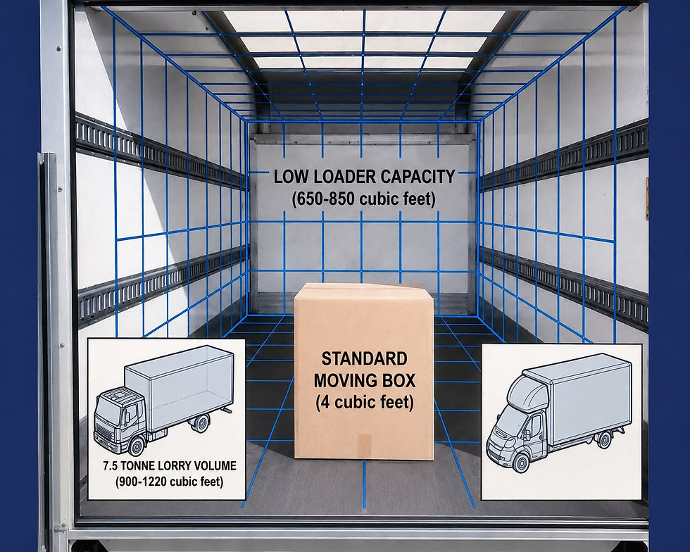 Don't let abstract numbers confuse your planning. This breakdown shows exactly how standard box volumes stack up against Luton van and 7.5T lorry capacities, helping you choose the right fleet size seamlessly.