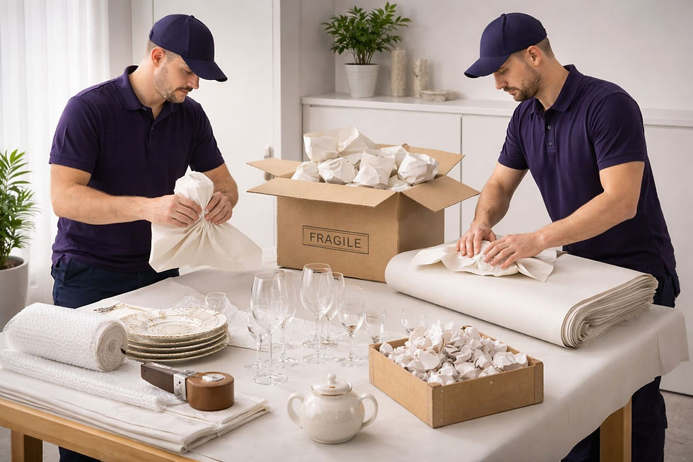 two movers in the kitchen packing glasses and plates on a table. They are using proper packing paper to ensure the safety ogf the items.