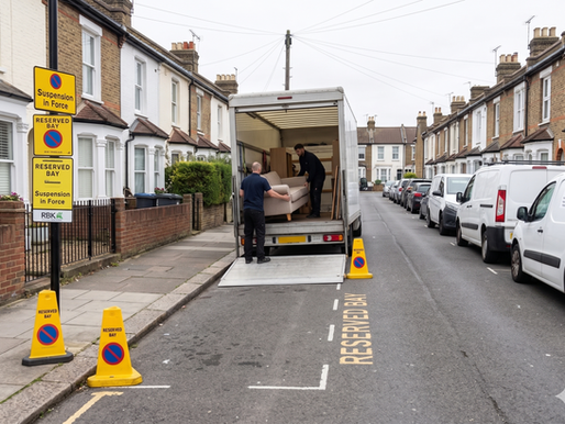 A professional white removals van parked in a legally suspended parking bay on a residential street in Kingston, surrounded by yellow 'Reserved Bay' council cones and official suspension signage.