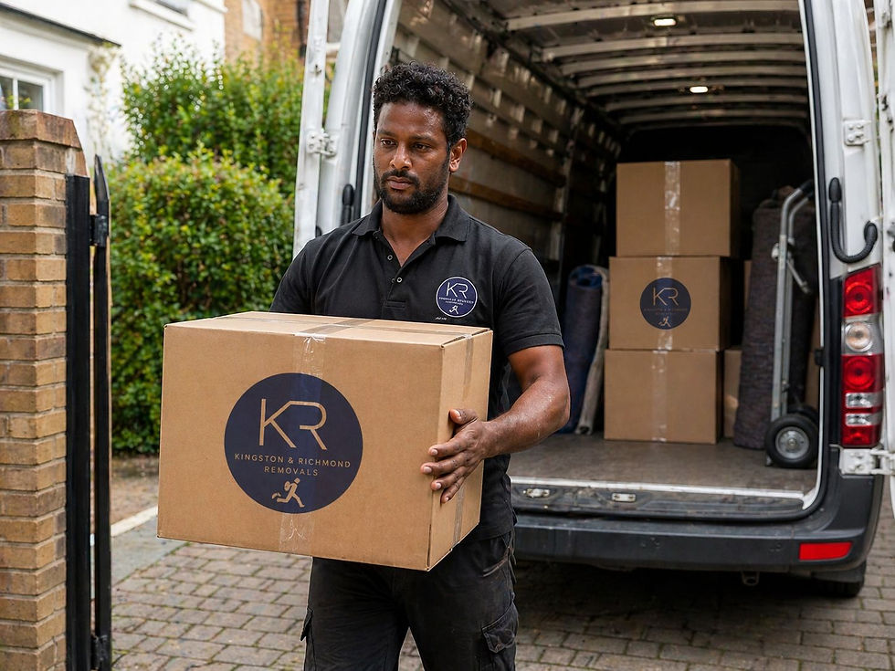 Kingston and Richmond Removals staff member carrying a branded packing box from a removal vehicle on a residential street in Kensington.