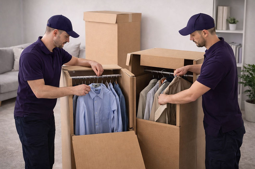 Two movers putting hanging clothes in the wardrobe boxes, which are the most safe to ensure the clothes stay nice and tight.