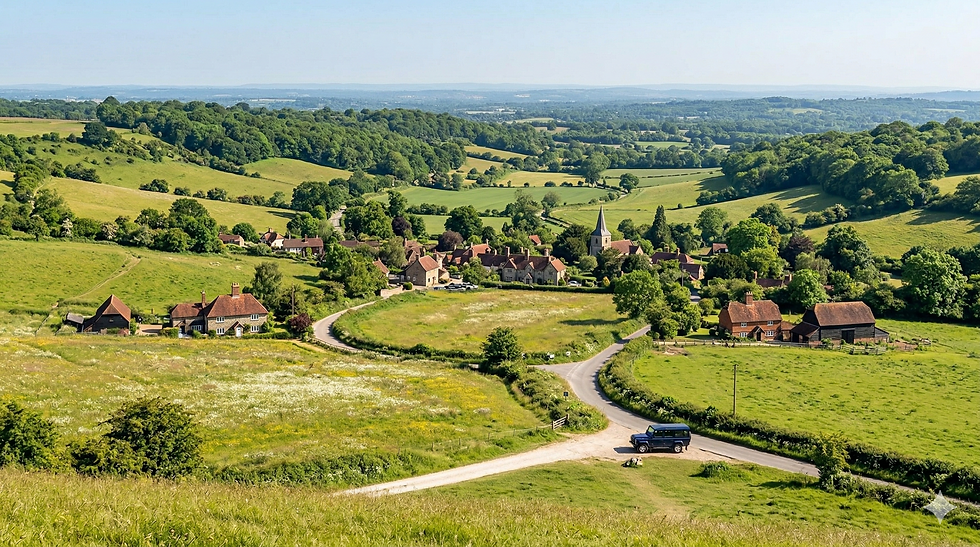 A panoramic view of the rolling Surrey countryside and a quaint village under a bright, sunny sky.