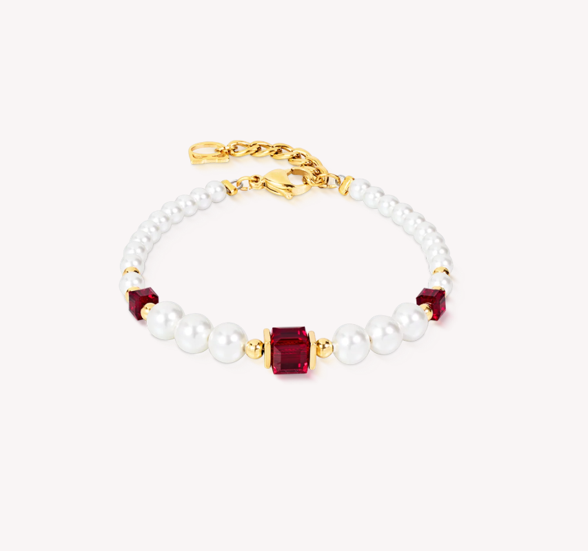 Coeur De Lion Gold Tone Cocktail Pearls Red Bracelet 2110/30-0321