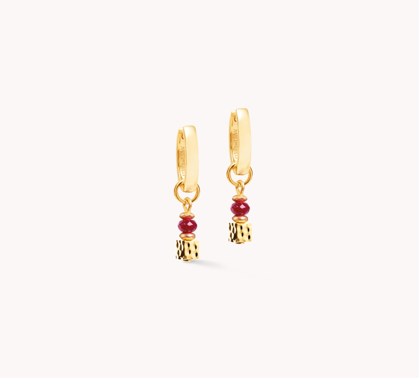 Coeur De Lion Gold Tone Hammered Cube Red Creole Hoop Earrings 3049/21-0316