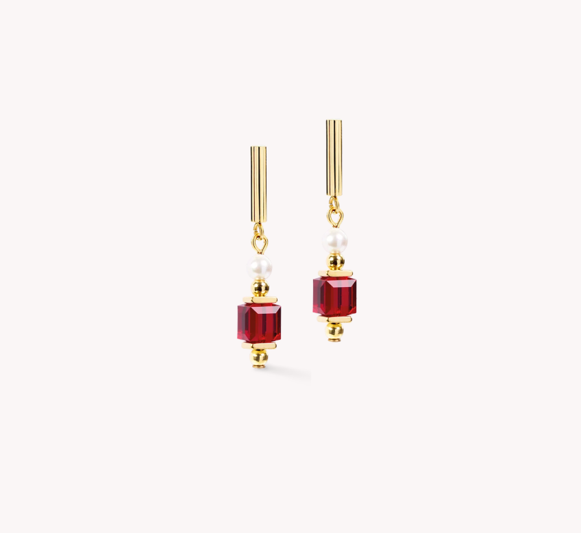 Coeur De Lion Gold Tone Cocktail Pearls Red Drop Earrings 2110/21-0321