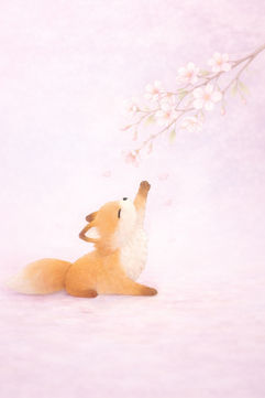 桜の枝に向かって手を伸ばすきつねんころ｜関口侑花による春のキツネキャラクターイラスト｜Kitsunen Coro watercolor fox illustration
