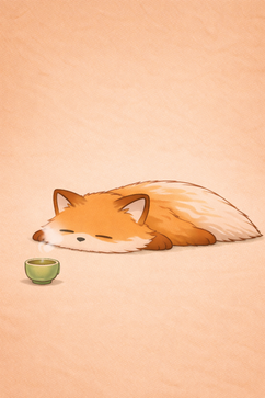 お茶のそばで眠るキツネのキャラクターきつねんころ