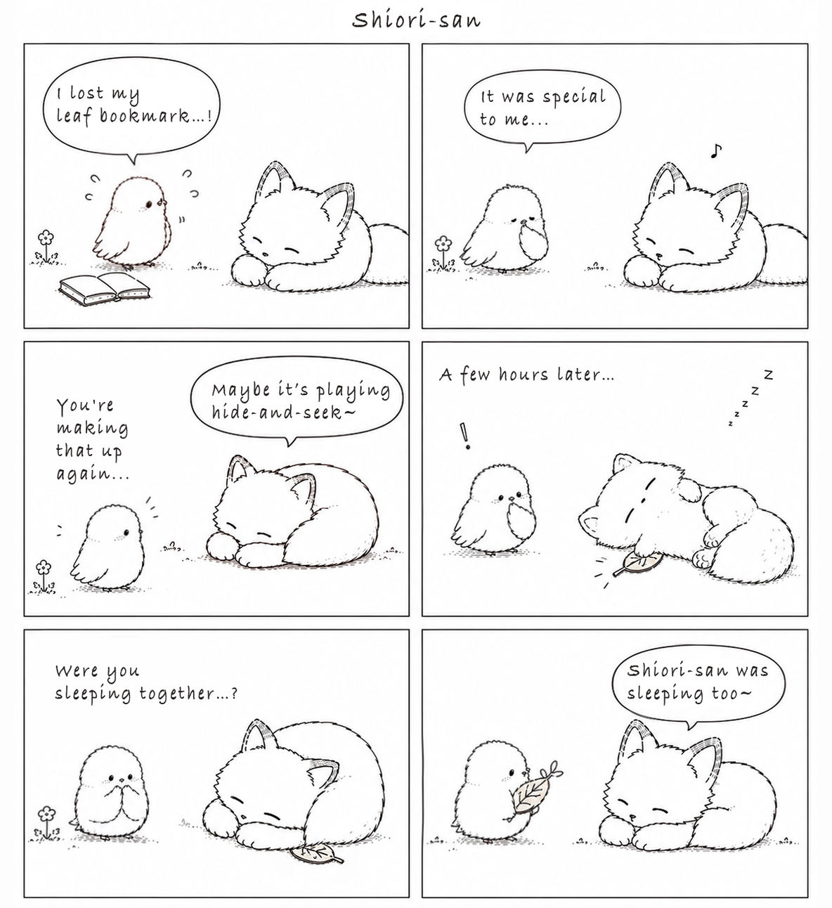 Original Kitsunen Coro comic featuring Kotolin searching for a leaf bookmark while Kitsunen Coro sleeps nearby, by Yuka Sekiguchi.