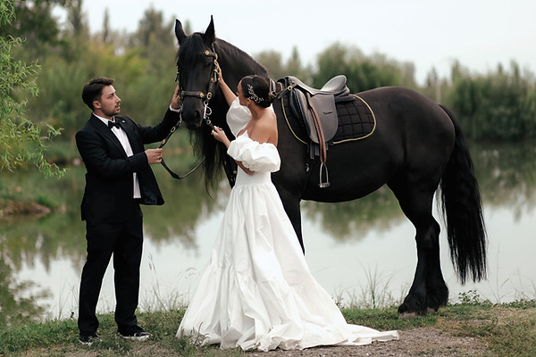 elegant bride and groom with horse 0014