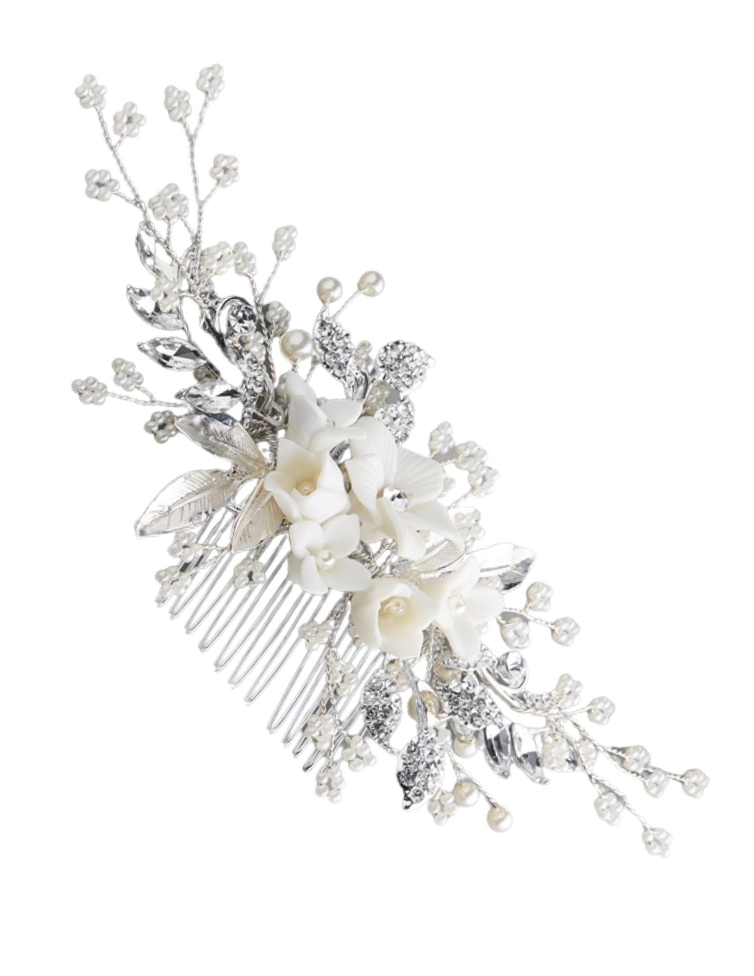 Silver and White Flower Hair Comb