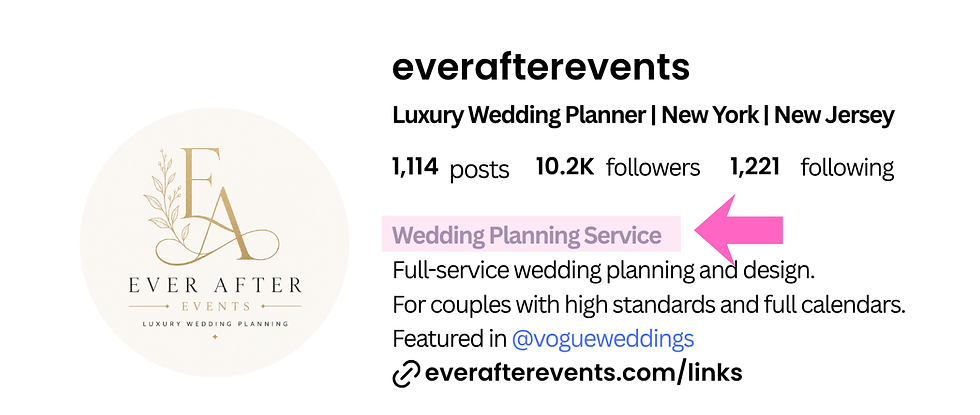 Instagram profile for a luxury wedding planner, with pink arrow highlighting the category.