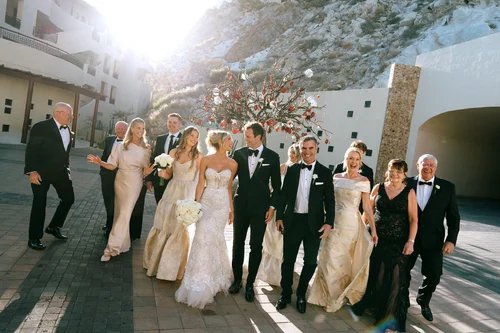 Bailey and Jake Bailey celebrate with family following their luxury destination wedding ceremony in Los Cabos.