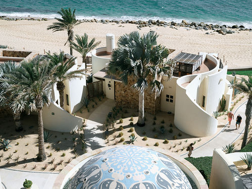Aerial view of seaside dome and luxury Cabo San Lucas wedding resort.