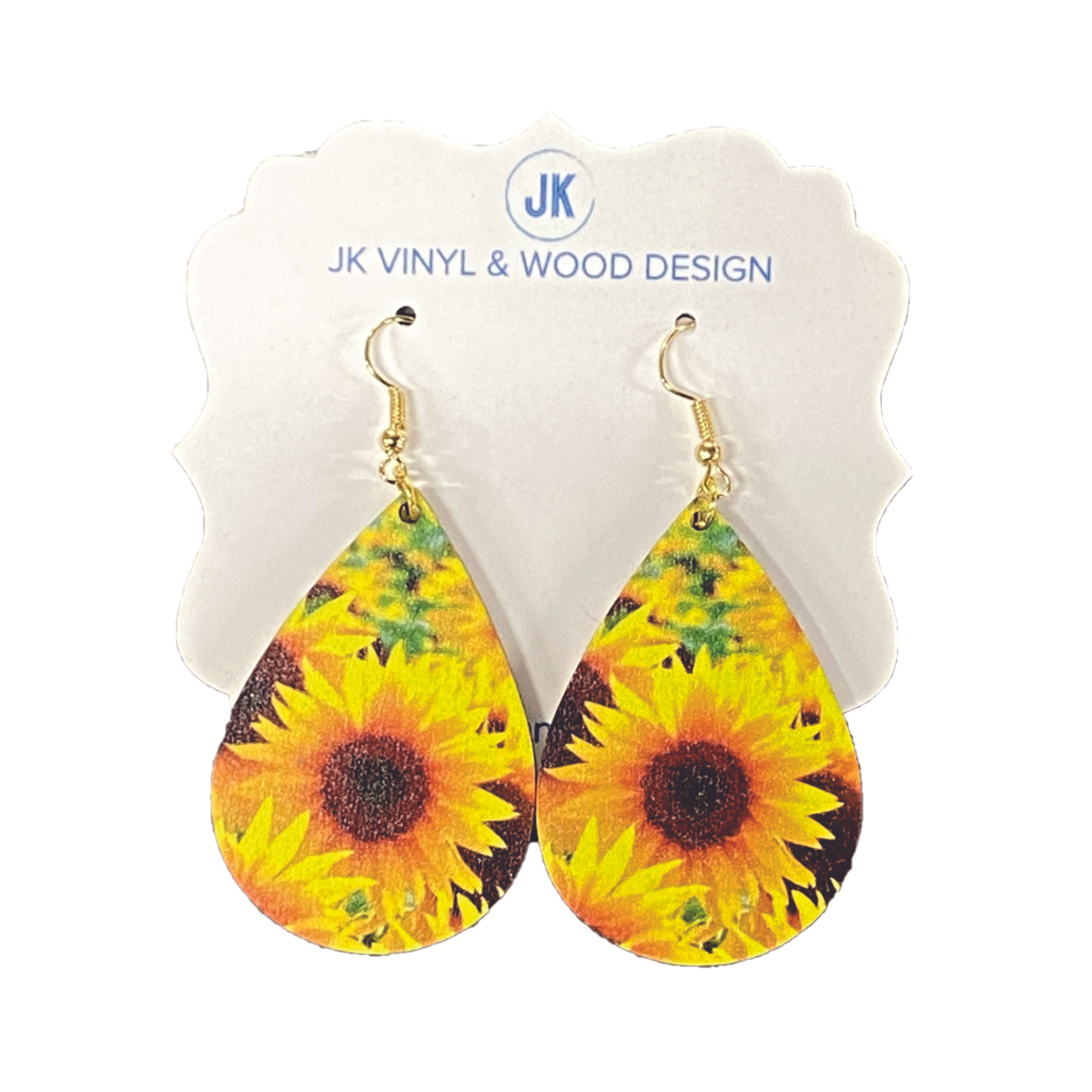 Handcrafted Wooden Teardrop Earings, Featuring Sunflowers
