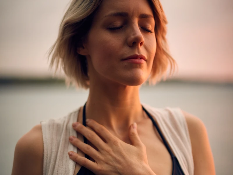 A calm woman near beach with hand over heart