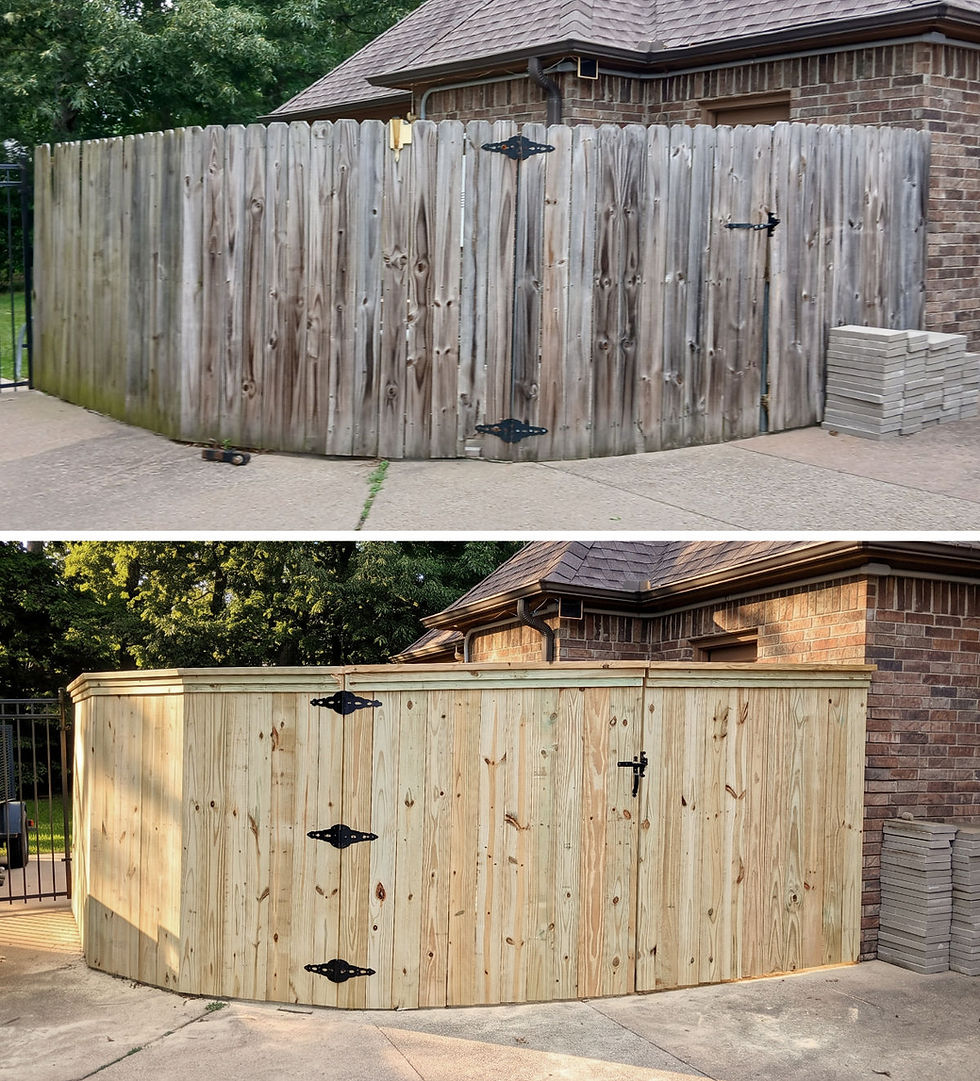 Before and after of a wooden privacy fencing installation in Tyler, TX