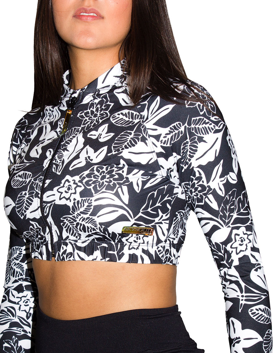 Miniatura: Rashguard crop top manga larga con protección solar UPF50+ (NEGRO/BCO)
