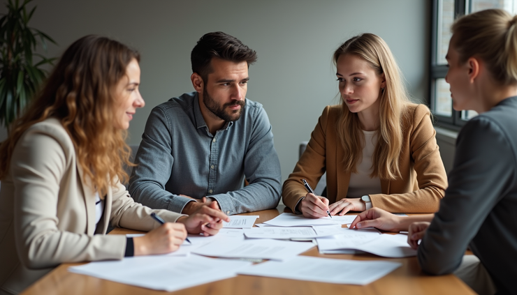 Close-up view of a nonprofit team meeting around a table discussing HR policies