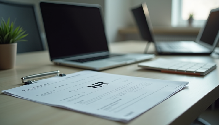 Eye-level view of a small office workspace with HR documents and laptop