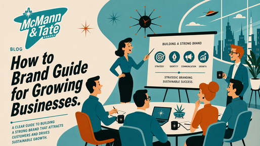 Business meeting scene with a woman presenting branding strategies on a chart. Text: "How to Brand Guide for Growing Businesses." Retro style.